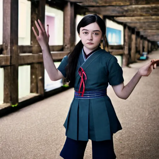 Image similar to portrait of arya stark in sailor japanese girl school uniform, f/3.5, ISO 100