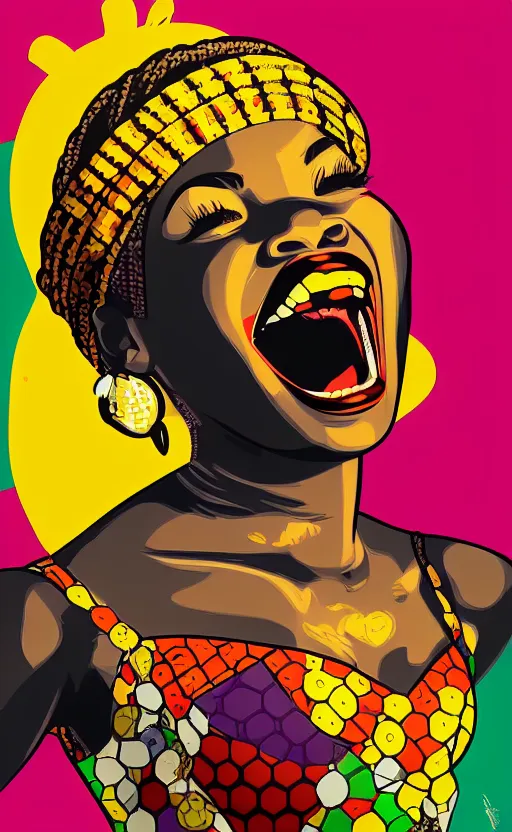 Prompt: mama africa laugh at her child!!! pop art, pixel, bioshock, gta chinatown, artgerm, richard hamilton, mimmo rottela, julian opie, aya takano, ultra realistic visual!!!