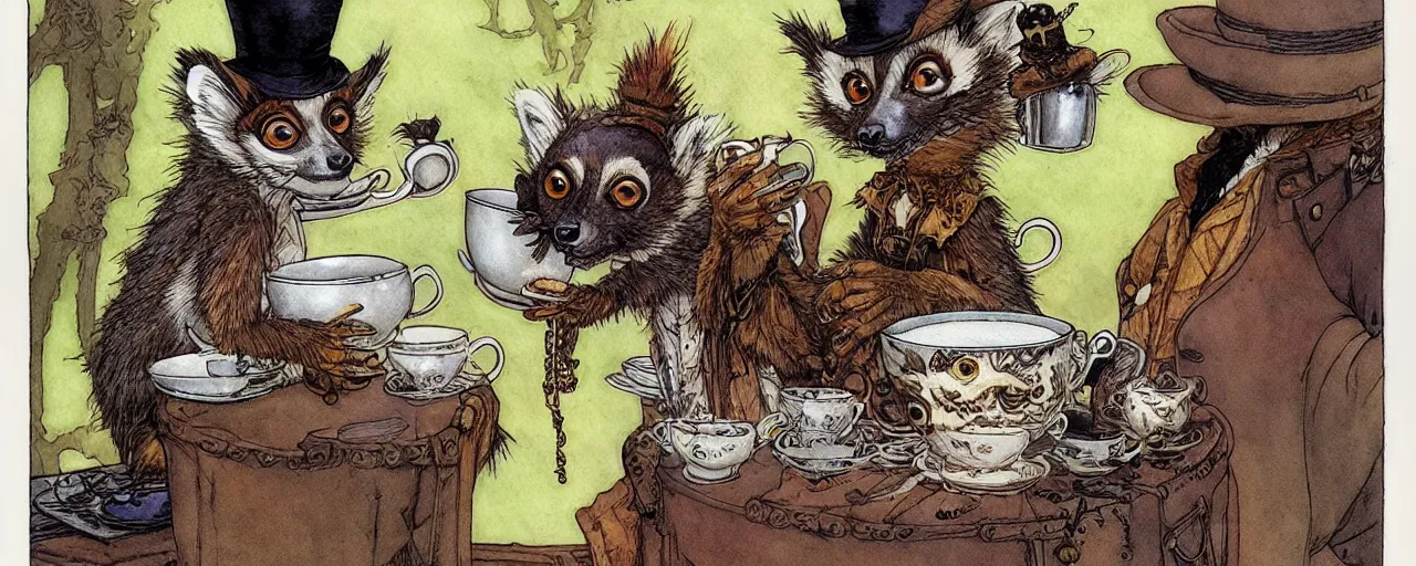 Image similar to an steampunk lemur having a cup of tea, muted colors, by rebecca guay, michael kaluta, charles vess and jean moebius giraud