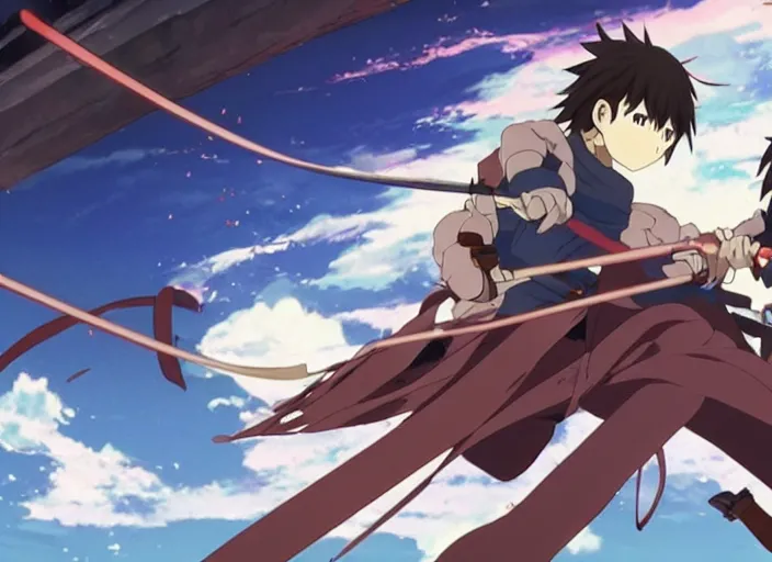 Image similar to two donuts fighting with swords, fight scene, anime, Makoto Shinkai