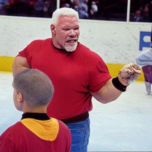 Image similar to wrestling superstar Scott Steiner enjoying cheeseburgers in a hockey arena