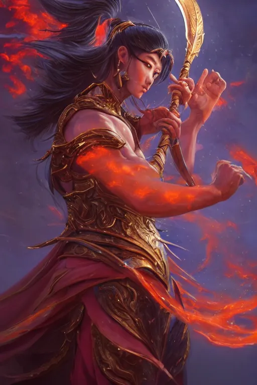 Image similar to a masterpiece portrait of nezha, legendary god holding spear, man, flame everywhere, epic pose, fantasy character portrait, closeup shot, hyper detailed, digital painting, 8 k realistic, trending on artstation, sharp focus, dof, by fenghua zhong, artgerm, ne zha from smite, jeff easley, raymond swanland