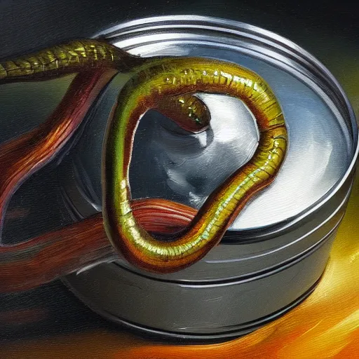 Prompt: a can of worms, oil painting, pale colors, high detail, 8 k, wide angle, trending on artstation,