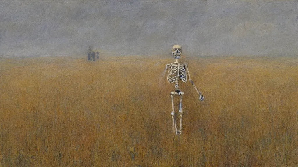 Image similar to a skeleton standing in a stomry, foggy wheat field in style of pierre - auguste renoir,, fine details,