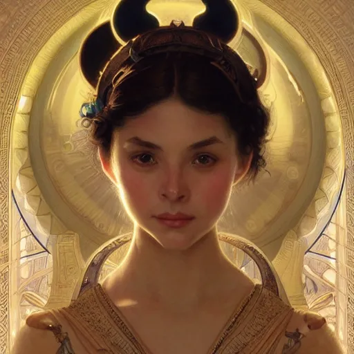 Image similar to portrait of a goddess, mickey mouse, christian bale, intricate, elegant, highly detailed, digital painting, artstation, concept art, smooth, sharp focus, illustration, art by artgerm and greg rutkowski and alphonse mucha and william - adolphe bouguereau