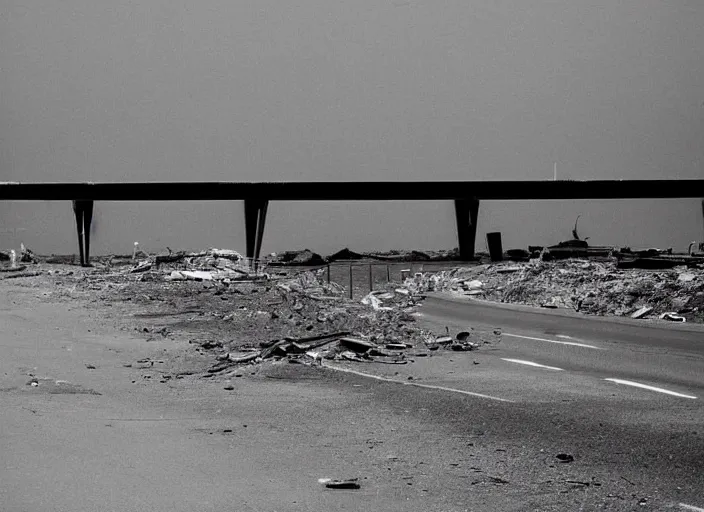 Image similar to grainy futuristic photo of the remains of an enormous destroyed freeway bridge on the new york coast after the apocalypse ; the bridge leads into the wide ocean