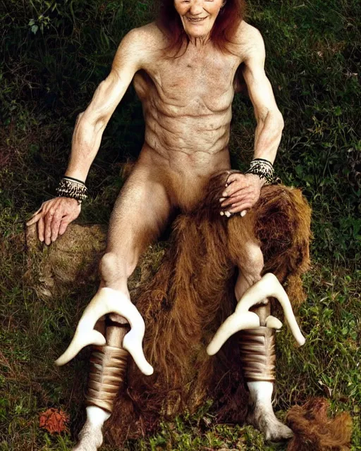 Image similar to actor Roddy McDowell in Elaborate Pan Satyr Goat Man Makeup and prosthetics designed by Rick Baker, Hyperreal, He has goat man legs, cloven feet and horns, He is sitting on a log near a beautiful meadow holding his flute. A beautiful Maiden in a beautiful Sandy Powell designed Victorian era dress can be seen off in the distance