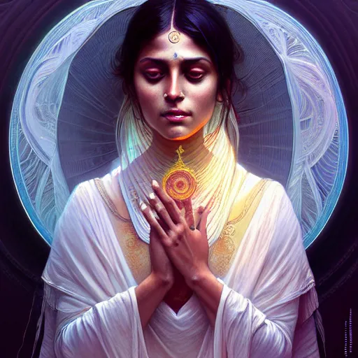 Image similar to ultra realistic illustration, a indian digital ghost, transparent, static, intricate, elegant, highly detailed, digital painting, artstation, concept art, smooth, sharp focus, illustration, art by artgerm and greg rutkowski and alphonse mucha