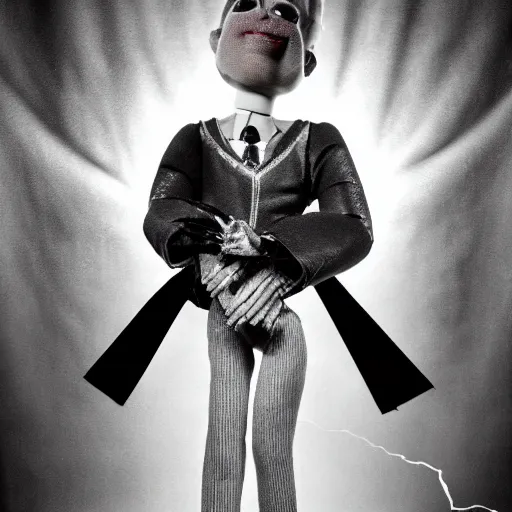 Image similar to A extremely ultra high detailed stunning portrait of a ventriloquist dummy in eraserhead, scary, twisted horrifying, creepy ,ethereal, dramatic lightning, rim light, hyperrealistic, photorealistic, octante render, elegant, cinematic, high textures, hyper sharp, 8k, insanely detailed and intricate, graphic design, cinematic atmosphere, hypermaximalist, hyper realistic, super detailed, 4k HDR hyper realistic high quality