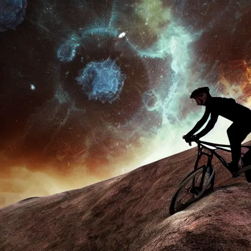 Image similar to surreal, dreamlike image of a person riding a mountain bike througout deep space, view from camera placed on his helmet