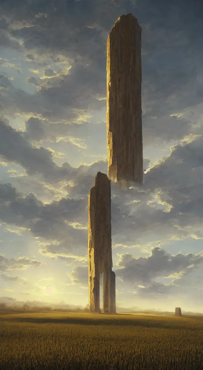 Image similar to wide shot of a tall and thin monolithic structure hovering in the air 6 feet above a cornfield, late afternoon, golden hour, dramatic lighting, cinematic, highly detailed, smooth, sharp focus, concept art by greg rutkowski and stanley lau and syd mead