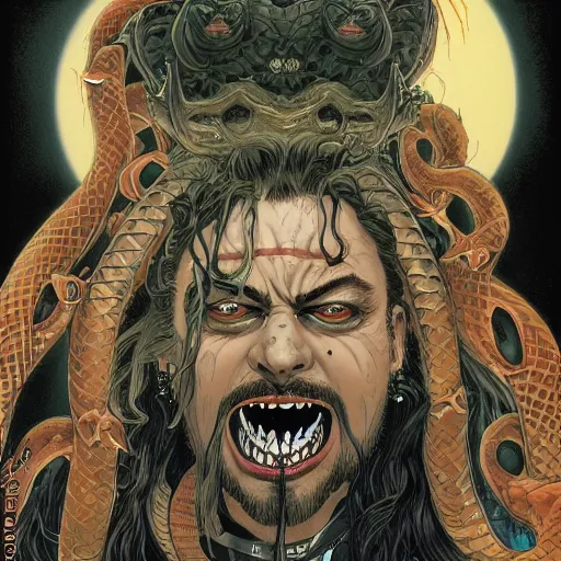 Prompt: portrait closeup of crazy post malone as vampire and snakes around, symmetrical, by yoichi hatakenaka, masamune shirow, josan gonzales and dan mumford, ayami kojima, takato yamamoto, barclay shaw, karol bak, yukito kishiro