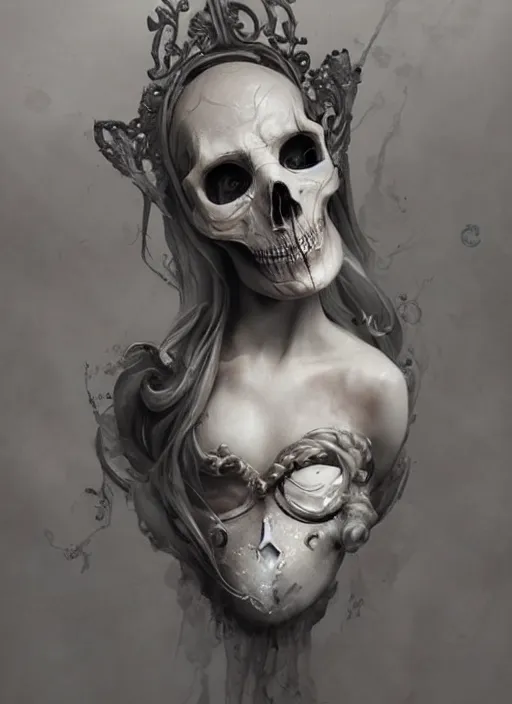 Image similar to a woman wearing a white mask with an ornate skull on her face, a marble sculpture by bastien lecouffe - deharme, featured on zbrush central, gothic art, zbrush, marble sculpture, grotesque