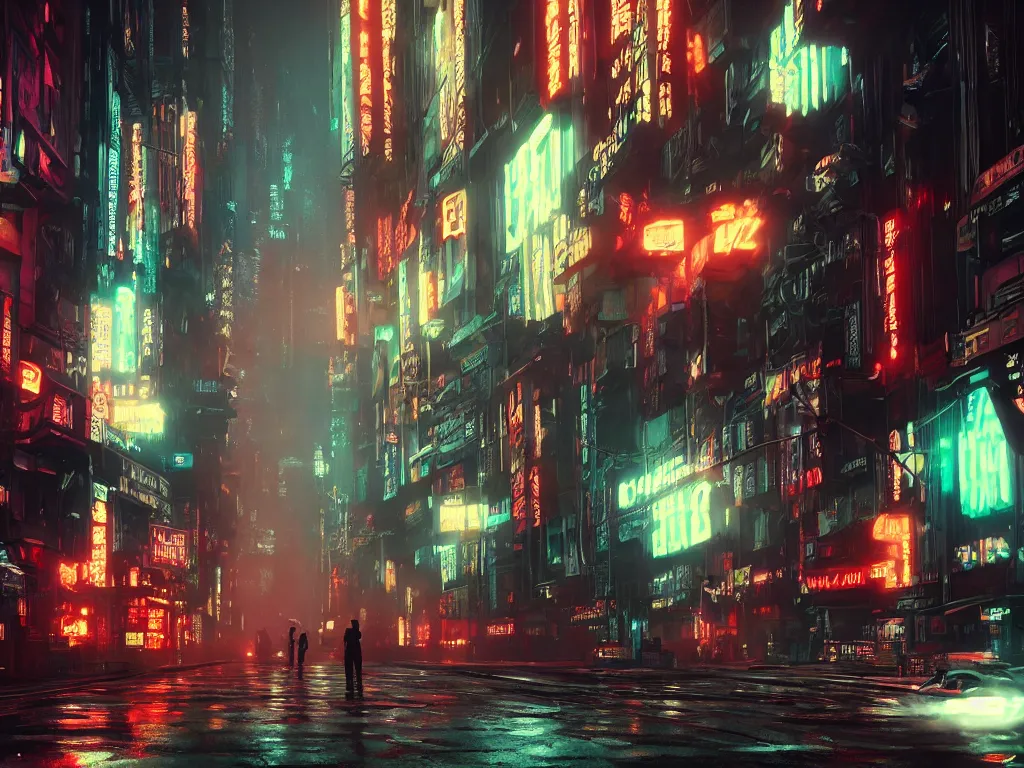 Image similar to cyberpunk lovecraft vibe in blade runner with hiromasa ogura set design, epic exterior streetscape with flying cars, high octane, stunning cinematic lighting, dark mood, abstract wet misty drizzling atmosphere, cthulhu, neon light bloom, light leaks 4 k unreal engine render lens flare