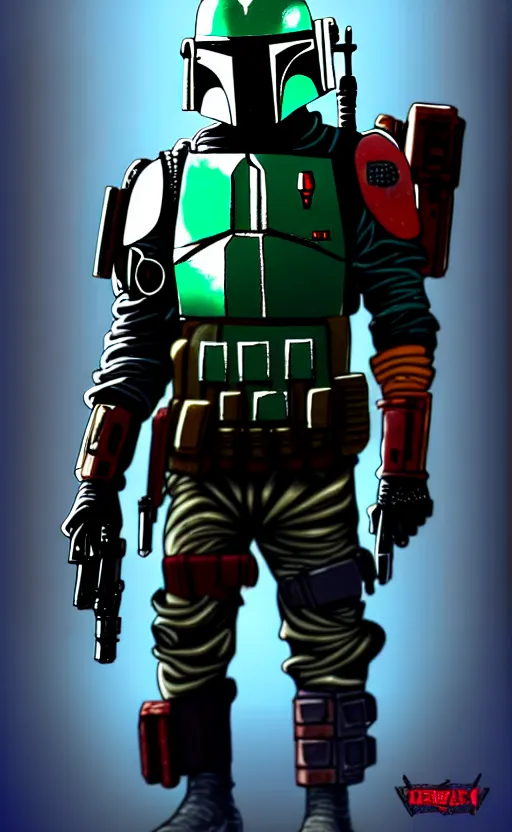 Image similar to cyberpunk mercenary inspired by boba fett in a scenic scifi environment