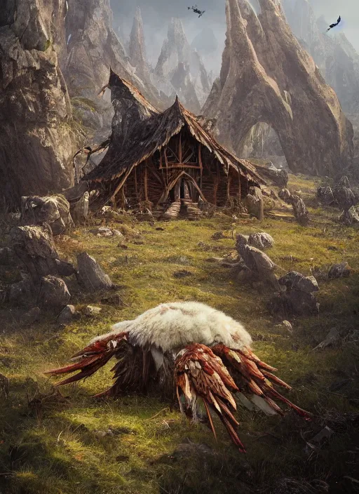 Image similar to two giant chicken legs below witch hut, greg rutkowski, zabrocki, karlkka, jayison devadas, trending on artstation, 8 k, ultra wide angle, zenith view, pincushion lens effect