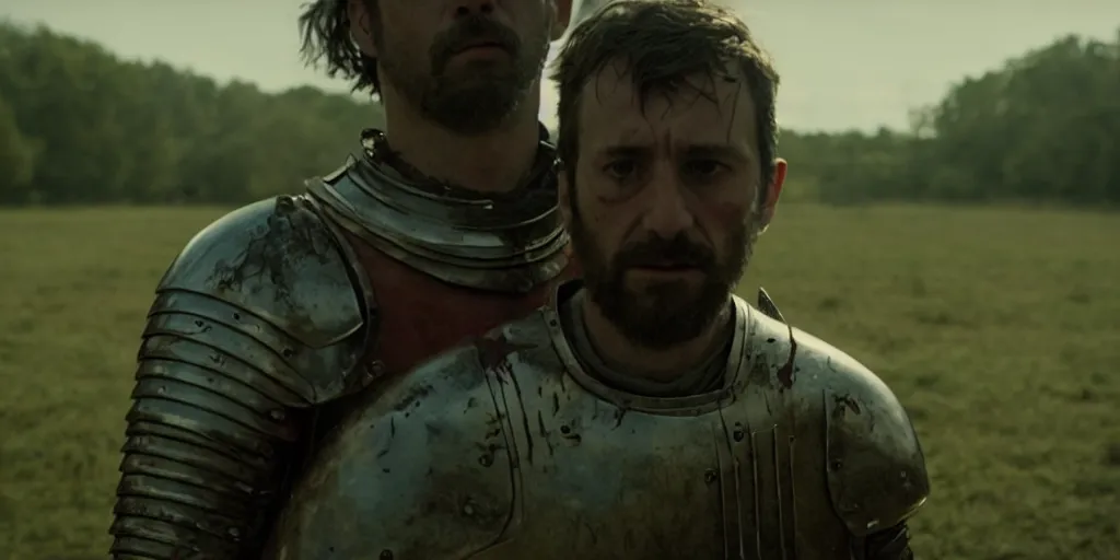 Image similar to film still of closeup a one knight stands on knee with a bloody heart in his hand by emmanuel lubezki