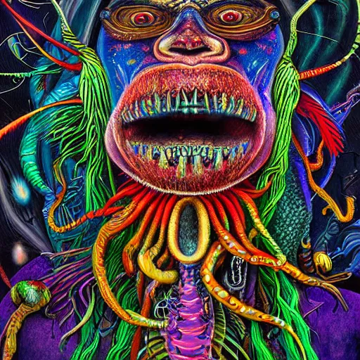 Image similar to a high detailed hyper detailed painting of a spiritual monster with dreadlocks and several eyes, pointy teeth and colorful skin with scales and strange textures, surreal psychedelic cosmic horror