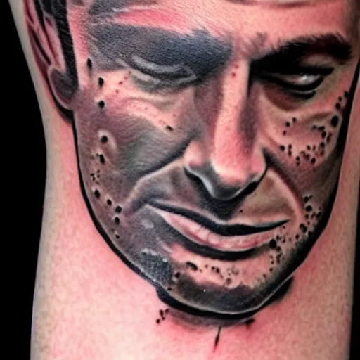 Prompt: a tattoo of macron crying like a little girl