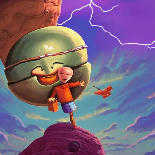 Prompt: A flying android smiling while holding a boulder, surrounded by clouds and purple lightning, digital art, Mexican folk art, Hyperdetailed, amazing background, matte painting, gouache, Martin Sandiego, Julia Fuentes, Miguel Sandiego