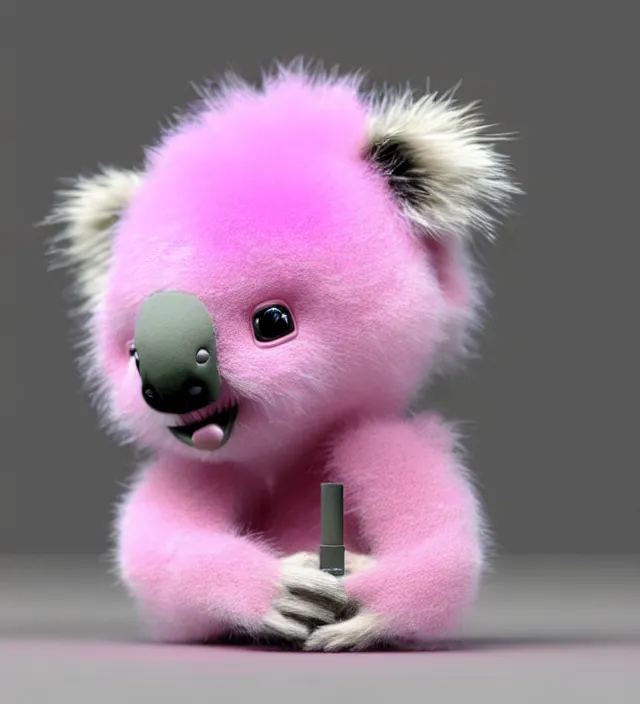 Image similar to high quality 3 d render hyperrealistic very cute small pink koala smoking weed joint, rising smoke, plush mascot, short spiky dense fluffy smooth hair, photo from the side, pink fluffy fur, 1 5 0 mm, beautiful natural soft light, rim light, vray, smooth background, artstation, ultra detailed