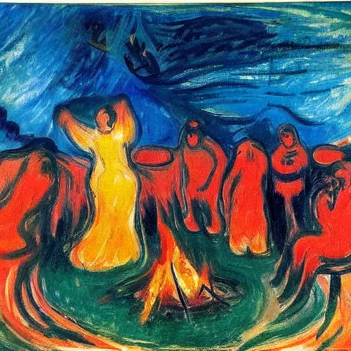 Image similar to insane dances around the campfire, oil painting expressionism edvard munch