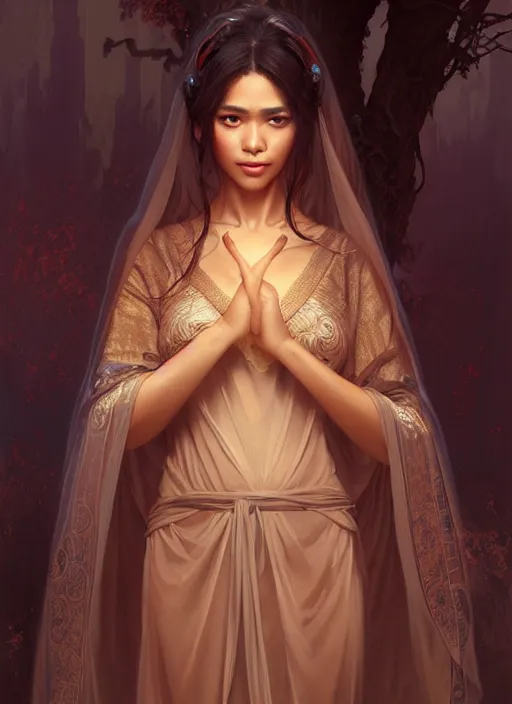 Image similar to cute brown woman wearing a transparent night gown and hanfu face veil, fantasy, intricate, highly detailed, digital painting, artstation, concept art, wallpaper, smooth, sharp focus, illustration, art by artgerm and greg rutkowski and alphonse mucha