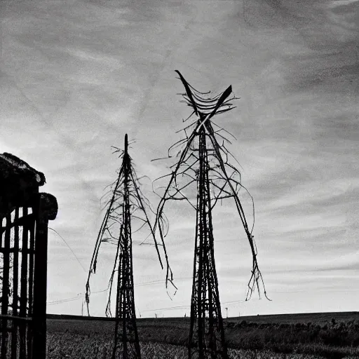 Prompt: the lost county of hookland in a heatwave. folk horror. detailed. pylons