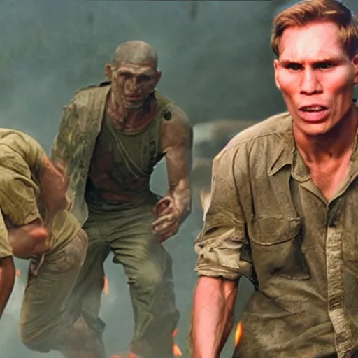 Image similar to Live Action Still of Jerma985 in Apocalypse Now, real life, hyperrealistic, ultra realistic, realistic, highly detailed, epic, HD quality, 8k resolution, body and headshot, film still