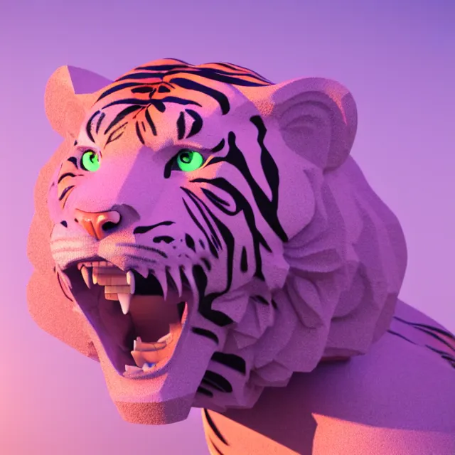 Image similar to 4 k 3 d render of a gigantic tiger made of crystaline rose quartz