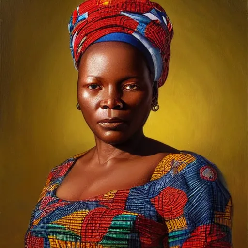 Image similar to portrait of an congolese woman ( 3 5 ) from democratic republic of the congo ( congo - kinshasa ) in 2 0 2 1, an oil painting by ross tran and thomas kincade