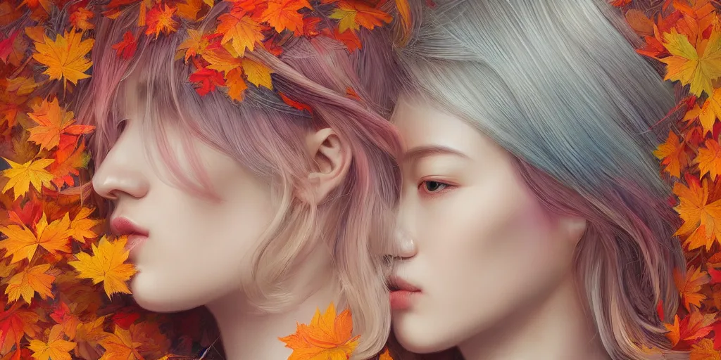 Image similar to breathtaking detailed concept art painting pattern pastel colors of blonde hair faces blend with autumn leaves, by hsiao - ron cheng, bizarre compositions, exquisite detail, 8 k