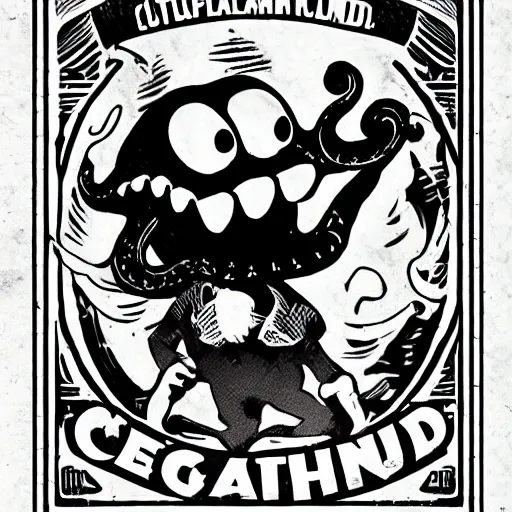 Image similar to Cthulhu in Cuphead, videogame still, clean 1930s style