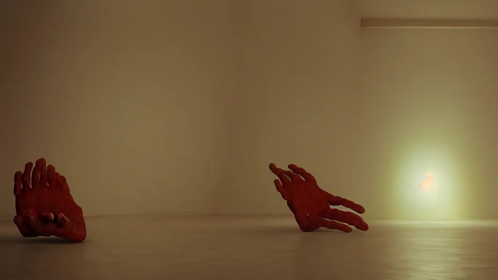 Image similar to a giant hand made of wax float through the living room, film still from the movie directed by Denis Villeneuve with art direction by Zdzisław Beksiński, wide lens