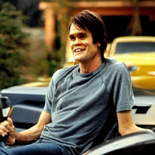 Prompt: jim carrey in wayne ’ s world, movie still