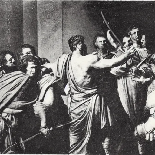 Prompt: a polaroid photograph of Roman Senators stabbing Julius Caesar in the back