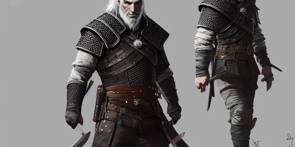 Prompt: geralt of rivia new costume concept design, alger wilson, fashion, concept art, by artgerm, greg rutkowski, cinematic light, featured on artstation, octane render, sharp focus, ray tracing, artstationhq, cgsociety, 8 k.