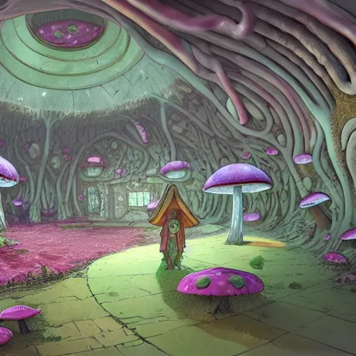 Image similar to concept art painting of a interior of a circular alien fairytale fantasy fungus house made of mushrooms, realistic, detailed, cel shaded, magenta and gray, dark, in the style of makoto shinkai and greg rutkowski and james gurney