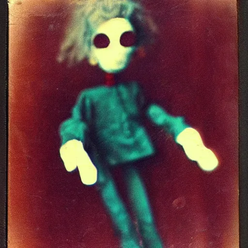 Prompt: creepy marionette puppet towards viewer, horror, lost photograph, forgotten, final photo found before disaster, polaroid,
