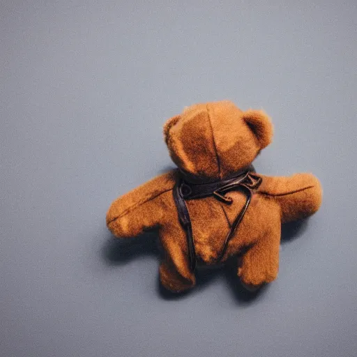 Prompt: product analog photography of a leather teddy bear