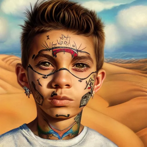 Image similar to a detailed portrait of a boy with a face tattoo in the desert, fantasy art illustration, incredibly highly detailed and realistic, 8 k, sharp focus