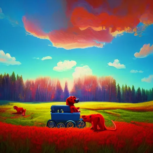 Image similar to a clifford the big red dog, surreal photography, flower field, sunset on a summer day light, impressionist painting, colorful clouds, blue sky, digital painting, artstation, simon stalenhag