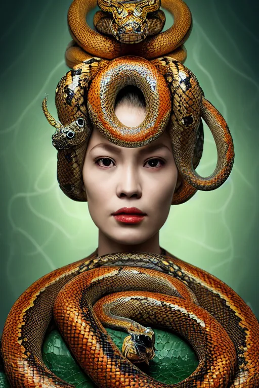 Image similar to a beautiful empress portrait, with a brilliant, impossible striking big Snake headpiece, clothes made of snakes, everything snakes, boa, symmetrical, dramatic studio lighting, rococo, baroque, greens, asian, hyperrealism, closeup, D&D, fantasy, intricate, elegant, highly detailed, digital painting, artstation, octane render, 8k, concept art, matte, sharp focus, illustration, art by Artgerm and Greg Rutkowski and Alphonse Mucha