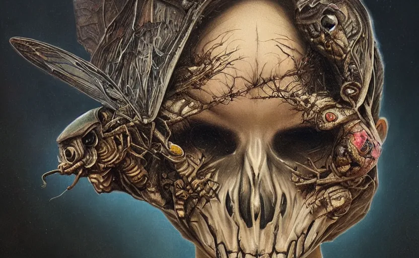 Prompt: death's head moth,highly detailed,cinematic,8k,by tristan eaton,Stanley Artgermm,Tom Bagshaw,Greg Rutkowski,Carne Griffiths, Ayami Kojima, Beksinski, Giger,trending on DeviantArt,face enhance,hyper detailed,horror, full of colour