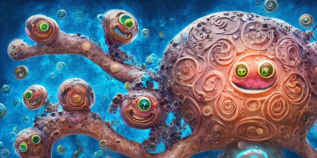 Image similar to of an intricate deep sea with strange cute friendly happy creatures with huge eyes, long tongue, round teeth and goofy funny face, appearing from the background, in the style of gehry and gaudi, macro lens, shallow depth of field, ultra detailed, digital painting, trending artstation, concept art, illustration, cinematic lighting, photorealism, epic, octane render