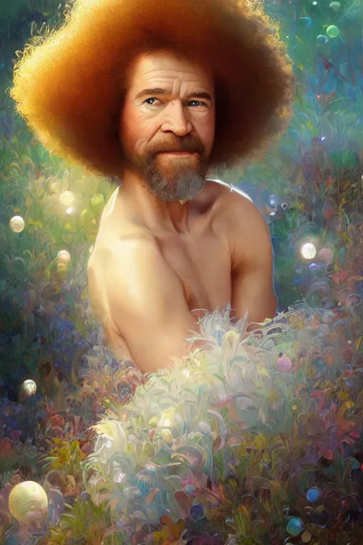 Image similar to bob ross, dreamy and ethereal,, fantasy, intricate, elegant, rainbow bubbles, highly detailed, digital painting, artstation, concept art, smooth, sharp focus, illustration, art by artgerm and greg rutkowski and alphonse mucha