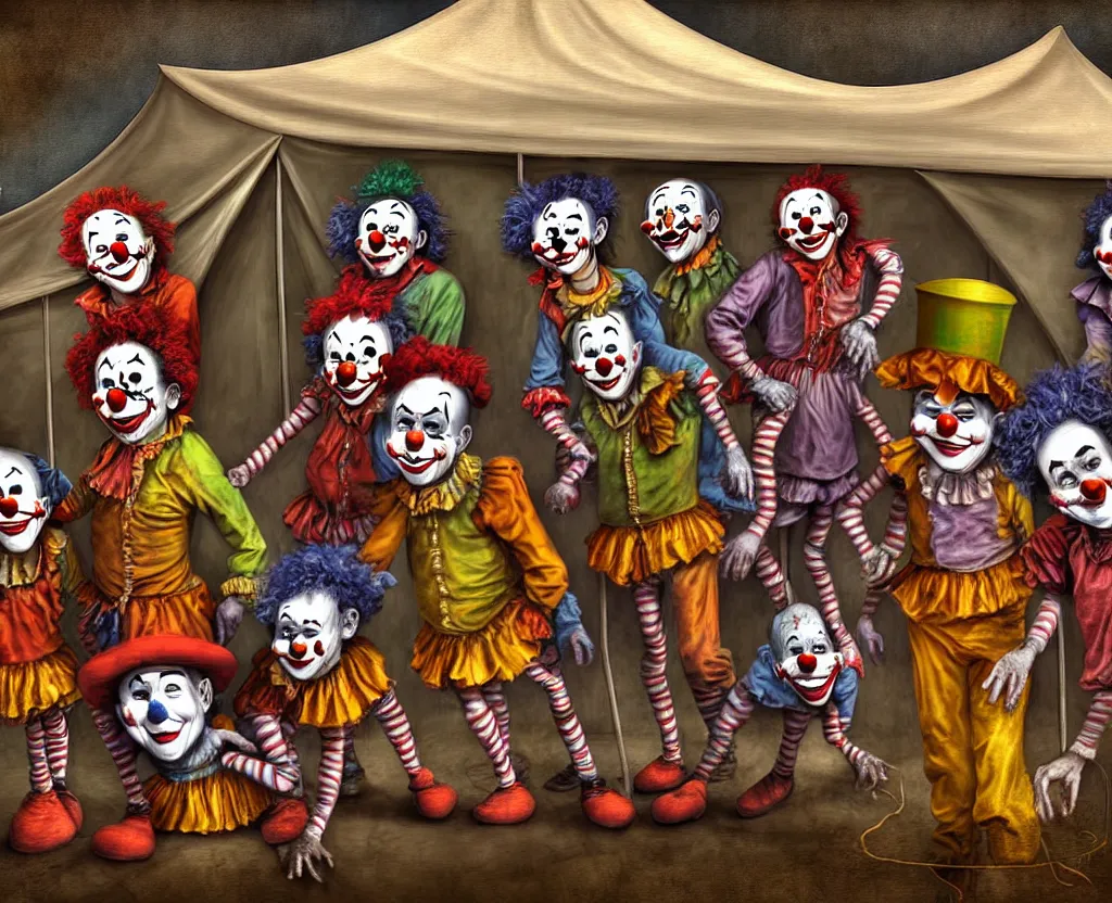 Image similar to dirty - looking clowns with unseemly intentions lining up at the entrance to a suspicious circus tent, disturbing digital painting, high detail