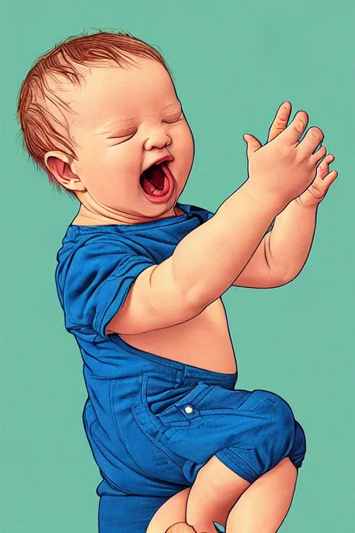 Prompt: a beautifully detailed coloured illustration of the baby boy swearing by sticking two fingers up by andrew salgado and rogier willems