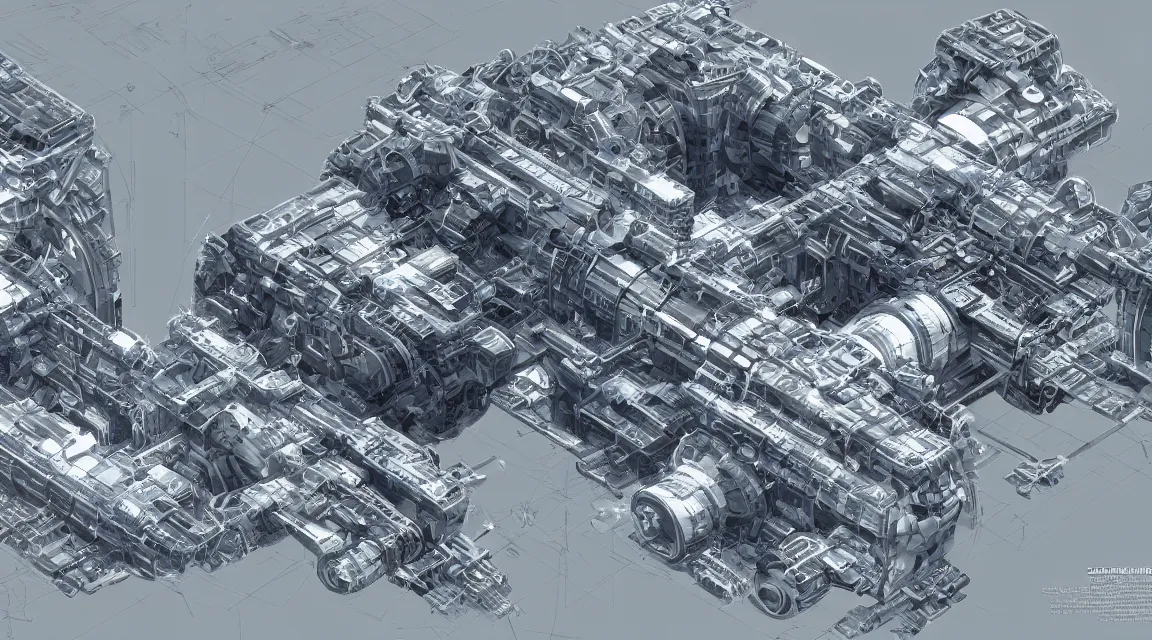 Image similar to the forbidden space-station+detailed blueprint and schematic with text and illustrated zoomed-in snippets+8k optane render 3d unreal engine glorious intricate detailed superb+pristine and clean design+Center Frame, intricate details, ultra-detailed, DIY maker styling printed with futuristic 3d modeling technology, colossal, desaturated, concept art, with highly detailed blueprints and text, marker concept art style rendering