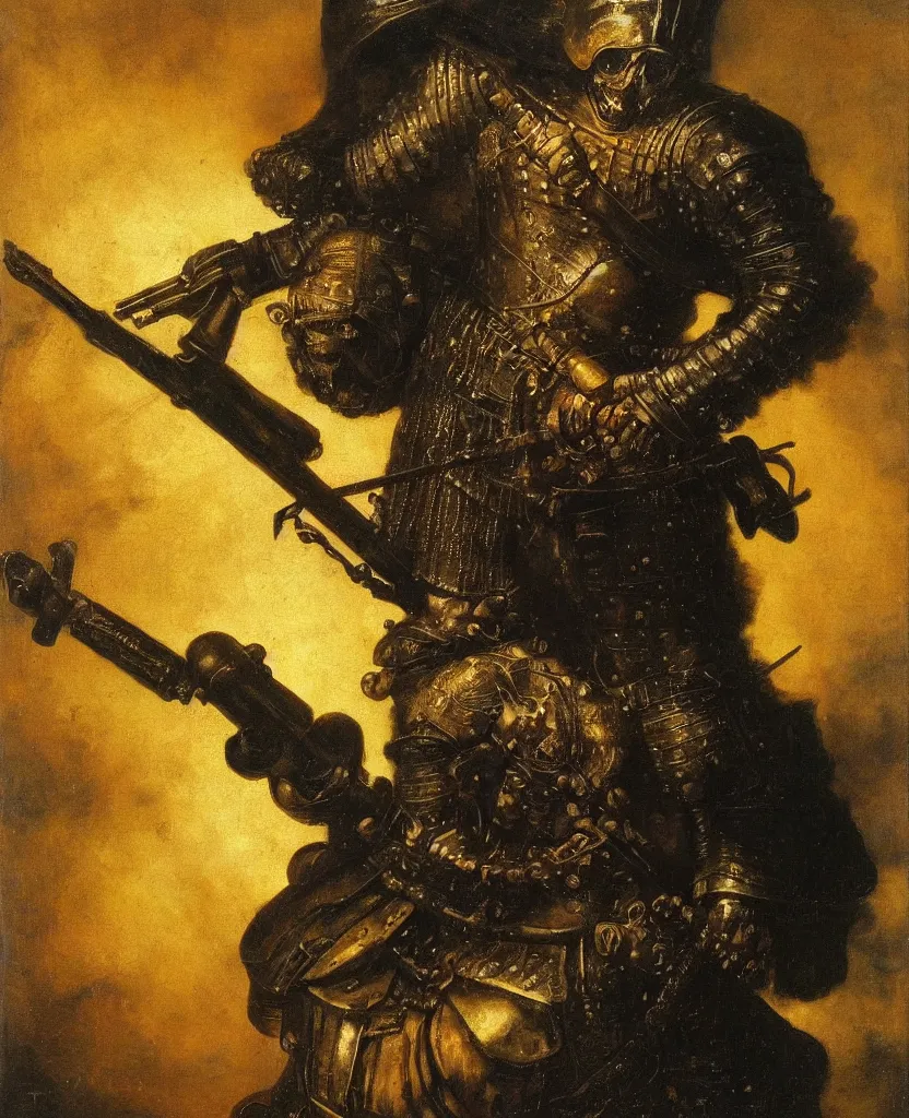 Prompt: detailed oil painting of death as a warlord in black shiny armor holding heavy modern firearms and a giant flail, art by rembrandt and jan van eyck, chiaroscuro, highly detailed